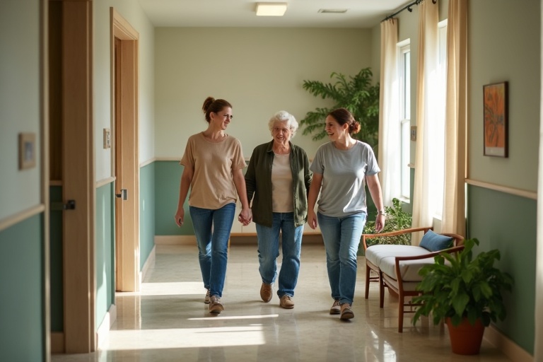 Care team walking with a resident in a hallway