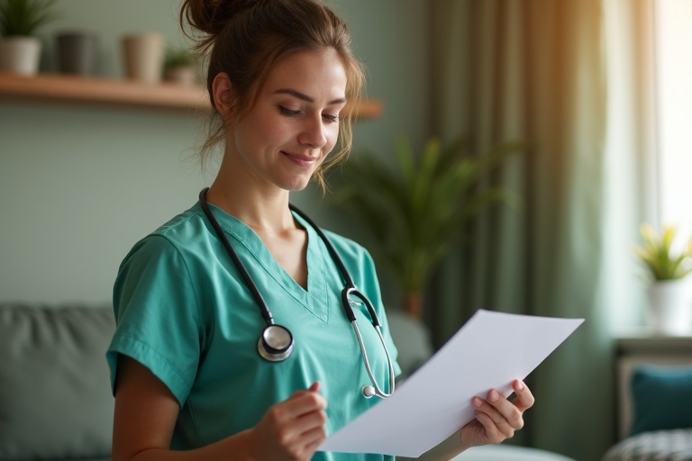 Nurse holding notes in a bright room